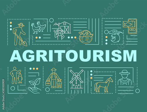 Agritourism word concepts banner. U-Pick farm. Traveling. Petting zoo. Fishing. Infographics with linear icons on green background. Isolated typography. Vector outline RGB color illustration