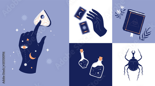 Set of esoteric hand drawn cartoon illustration with premade card design. Creepy occult hands, astrology symbols and tarot cards. 