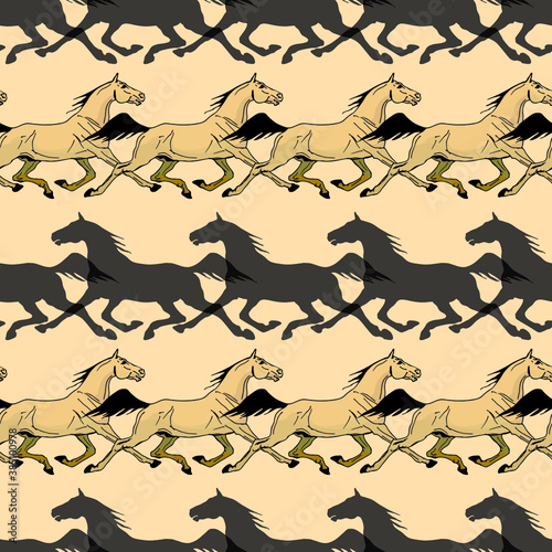 seamless background of hand-drawn drawings, silhouettes and contours of running horses