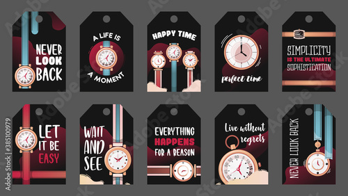 Stylish labels with watches vector illustration. Clock elements on dark background and text. Time control and gadget concept. Template for promotional badge, advertising tag or sticker