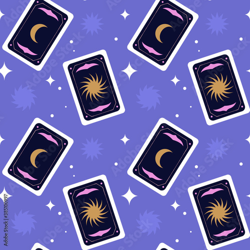 Esoteric tarot card seamless pattern. Occult fortune teller deck background, creepy halloween magic cards in hand drawn style for print, wrapping paper or fashion fabric.