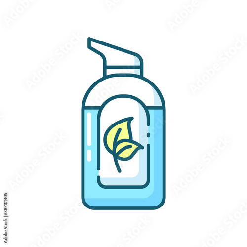 Organic hand sanitizer blue RGB color icon. Herbal lotion in bottle with pump. Liquid soap in tube package. Dermatology care. Natural cosmetic product for skincare. Isolated vector illustration