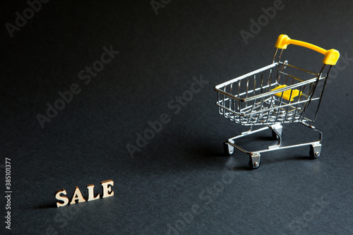 Shopping cart and the inscription "Sale" on a black background. Black Friday, discounts, sale, shopping, interest sign. Space for text