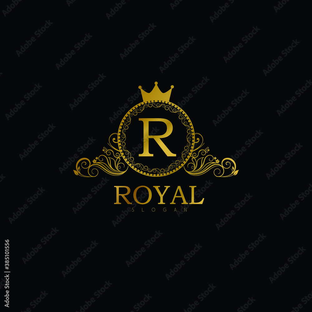 Luxury Logo template for Restaurant, Royalty, Boutique, Cafe, Hotel, Heraldic, Jewelry, Fashion, food business. Luxury Monogram for Letter R. Vintage Calligraphy Floral Badge for Letter R