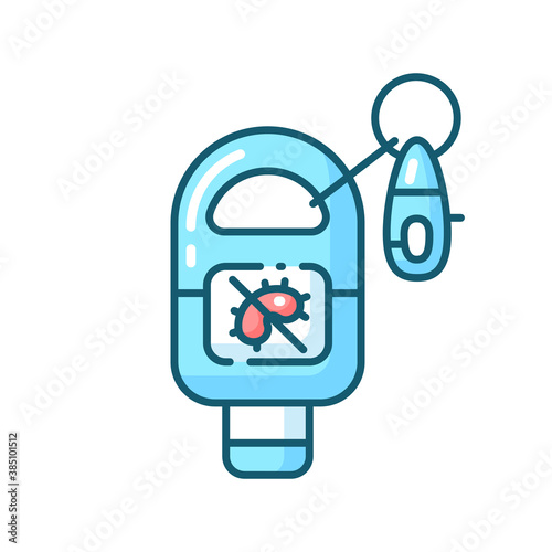 Keyring sanitizer blue RGB color icon. Keychain holder for tube with liquid soap. Pocket wash for hand sanitation. Gel in bottle for personal hygiene. Virus precaution. Isolated vector illustration