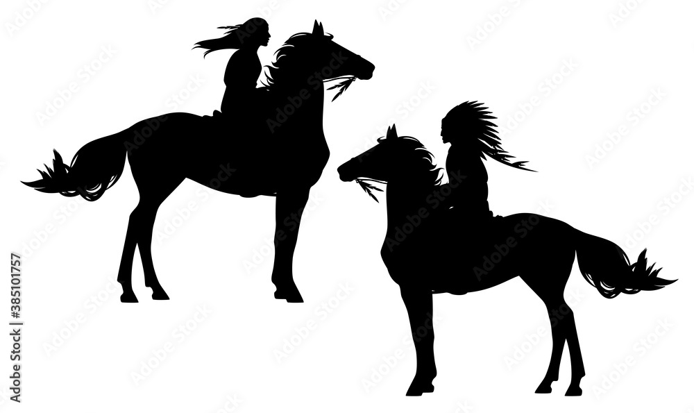 native american tribal chief and indian woman riding horse - black and ...