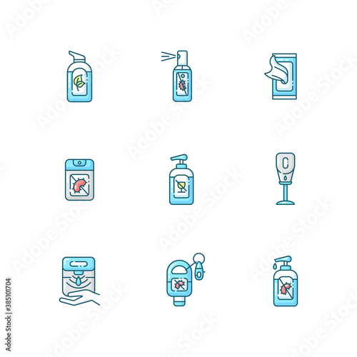 Hand sanitizers blue RGB color icons set. Antibacterial gel. Disinfectant liquid soap in tube. Personal hygiene care. Product for infection and virus prevention. Isolated vector illustrations