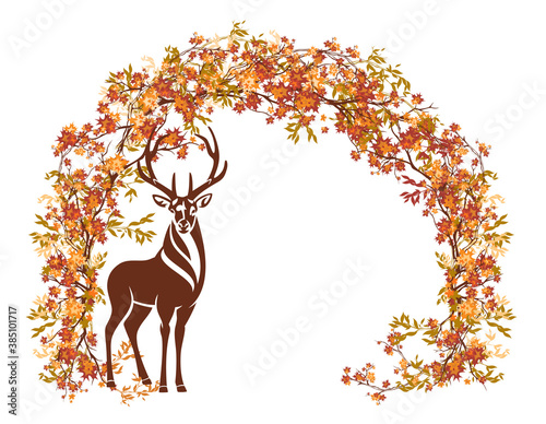wild deer stag standing in natural arch of autumn tree branches - fall season wi Fototapet