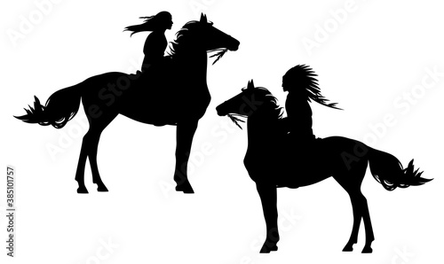 native american tribal chief and indian woman riding horse - black and white vector silhouette set