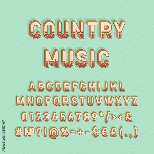 Country music vintage 3d vector alphabet set. Retro bold font, typeface. Pop art stylized lettering. Old school style letters, numbers, symbols pack. 90s, 80s creative typeset design template