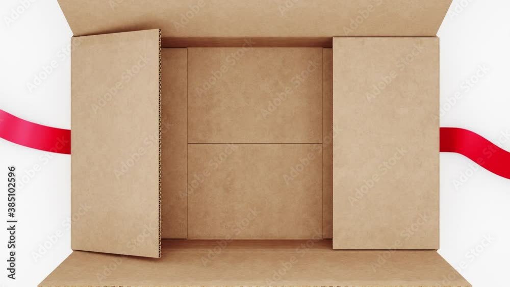 Beautiful Cardboard Box with Ribbons and Big Bow Opening. Unpacking Carton Gift Box 3d Animation with Green Screen Alpha and Mask Channels. Untying Decorative Knot. 4k UHD 3840x2160.