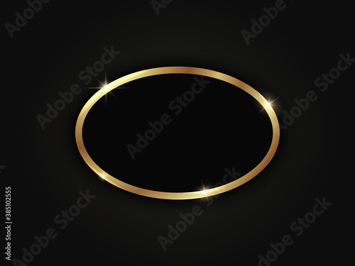 Ellipse golden sparkling frame isolated on black background.