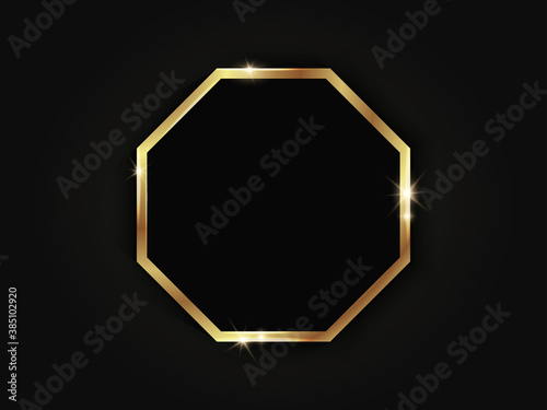 Octagonal golden sparkling frame isolated on a black background.