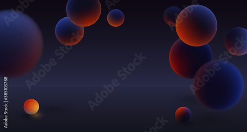 Realistic dark balls, blured and luminous, luminescent orange balls with soft touch feeling in blue dark abstract background. Vector illustration. 