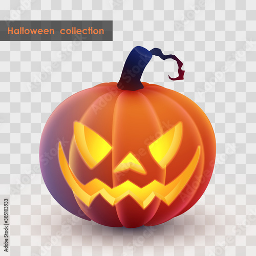 Halloween holliday collection. Latern Jack, orange pumpkin with spooky luminous, luminescent face on transparent background. Simulates soft touch coverage and 3d rendering. Vector illustration. 