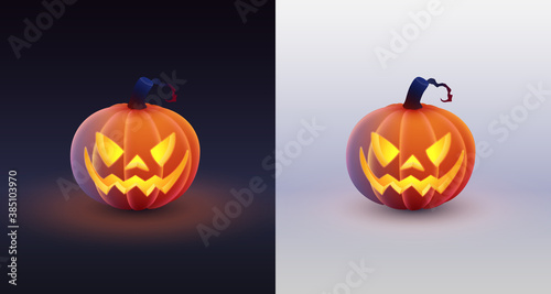Halloween holliday collection.Orange pumpkin with spooky luminous, luminescent smile on black and white background. Simulates soft touch coverage and 3d rendering. Vector illustration. 