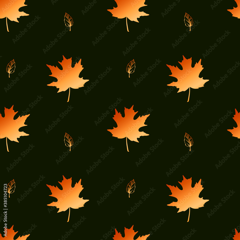 Seamless pattern with hand drawn golden maple leaves on dark green background Seamless pattern with hand drawn golden maple leaves on dark green background