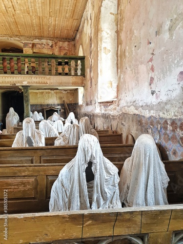 Figures of ghosts of the Sudeten Germans in the church of St. George in Lukova in western Bohemia