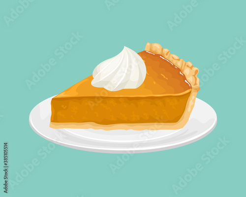 Slice of pumpkin pie with whipped cream on a white plate. Vector illustration of a festive dessert in cartoon flat style.