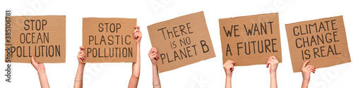 Climate change protest signs. Inscriptions on cardboard posters. Isolated on white. Set