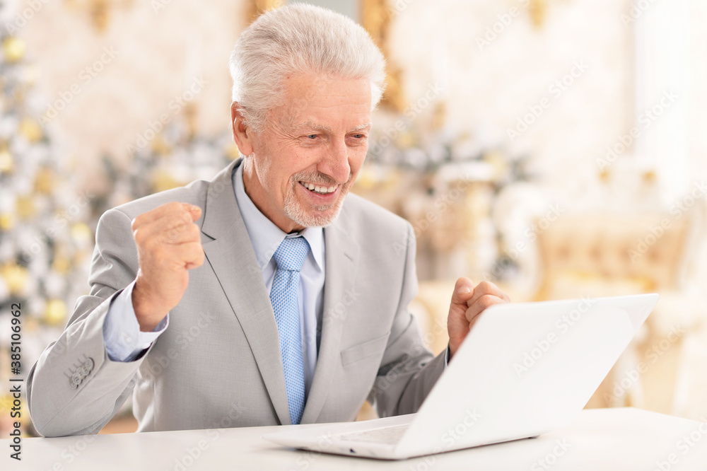 Portrait of happy senior man using laptop at home Portrait of happy senior man using laptop at home