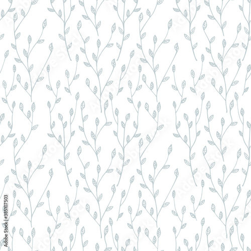Fototapeta Naklejka Na Ścianę i Meble -  Blue pastel tree branches on white background, botanic seamless pattern. Hand-drawn botanical illustration. Cute background with plants