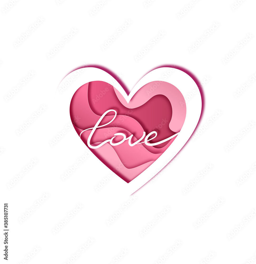 Happy Valentine's day. Vector greeting card and poster design with the image of a three-dimensional multi-layered pink heart and the word 