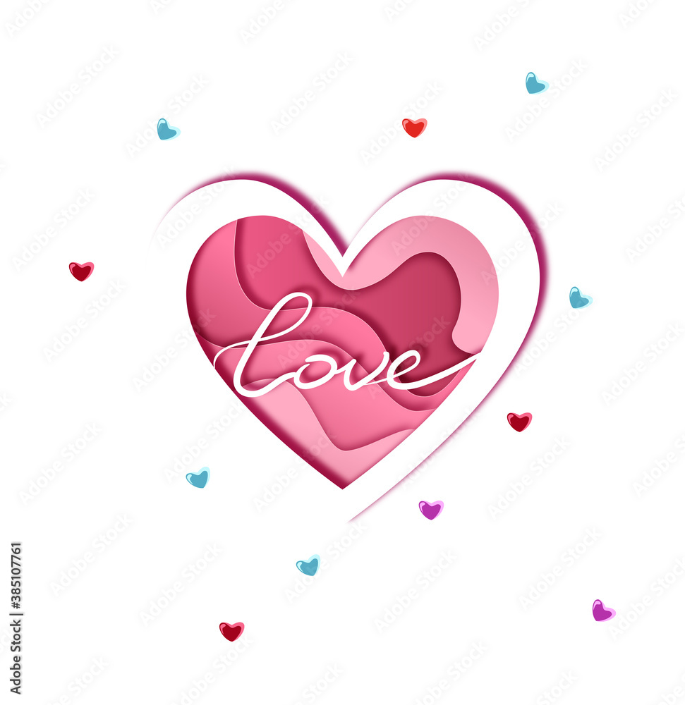 Happy Valentine's day. Vector greeting card and poster design with the image of a three-dimensional multi-layered pink heart and the word 