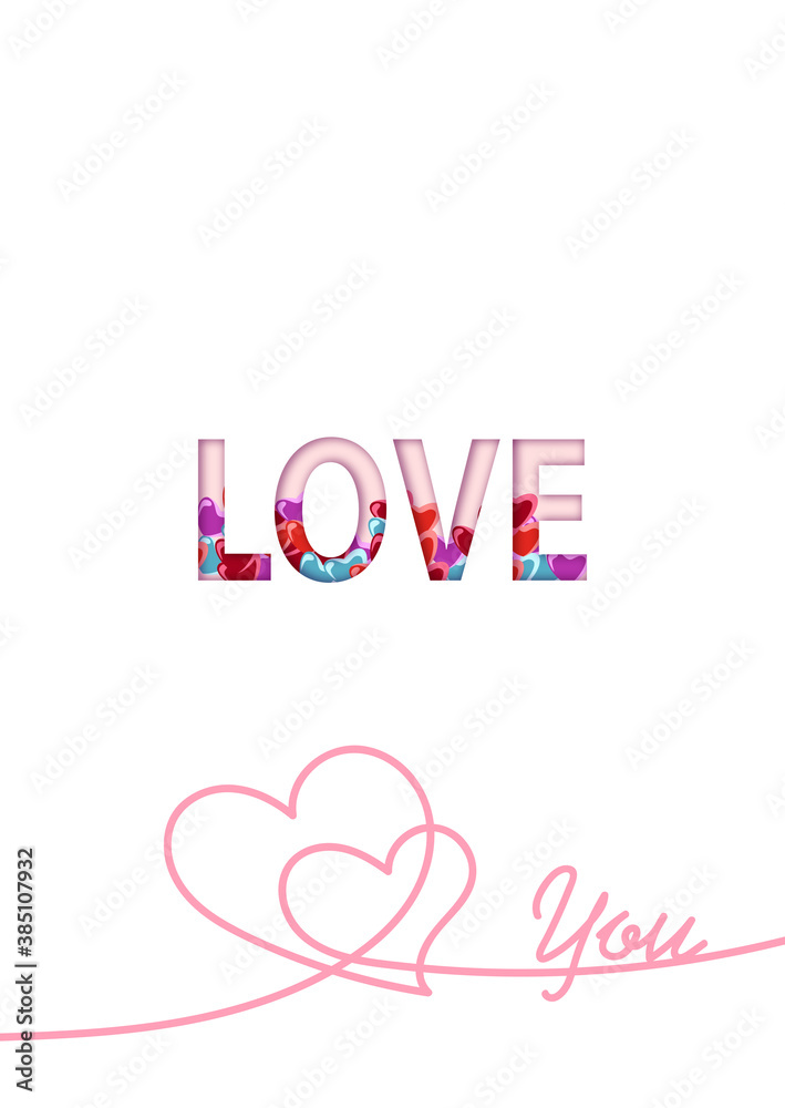 Happy Valentine's day. Vector greeting card and poster design with the image of the word love and confetti in the form of a heart. eps10