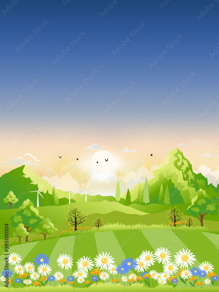 Spring landscape,View of spring village, green meadow on hills with blue sky, Vector cartoon Spring or Summer landscape, Panoramic countryside landscape mountains with wild flowers fields
