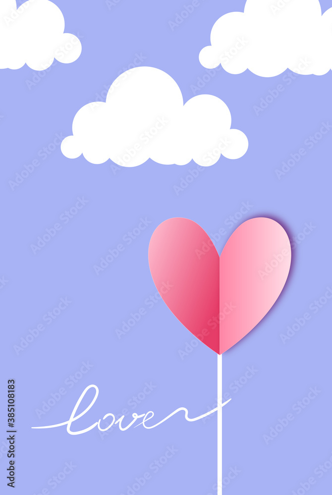 Happy Valentine's day. Vector greeting card and poster design featuring a paper heart, clouds and the line of the word 