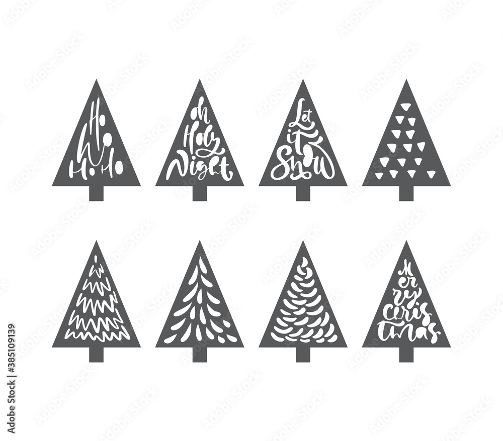 Christmas tree set laser cute. Paper cute doodle hand drawn holiday decor. Group of fir tree. Abstract doodle drawing woods. Vector art design illustration simple line