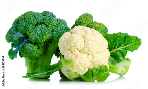 Fresh broccoli raw food and cauliflower on white background isolation