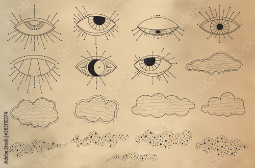 Magic eyes, clouds and star dust outline vector set. Collection of magical elements for icons, logotypes, clothes prints. Isolated illustration with golden gradient. Esoteric symbols or signs concept