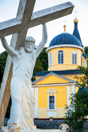 Hancu Monastery and church with statue of Jesus Christ in Moldova