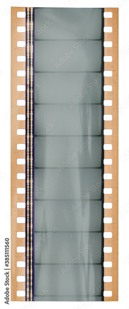 Start of 35mm cine filmstrip, first frame on white background, real scan of film material with cool scanning light reflections on the material.