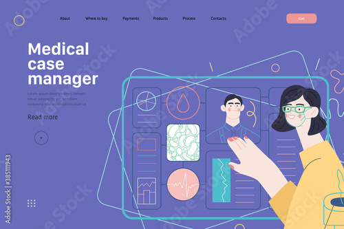 Medical insurance template -medical case manager -modern flat vector concept digital illustration of a manager reordering the medical procedures and diagnosiss, process metaphor, medical insurance