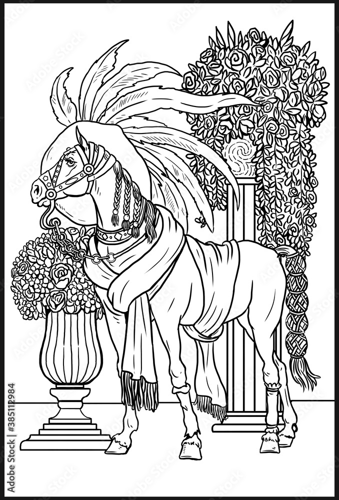 Beautiful horse for coloring. Coloring page for horse lovers. Stock