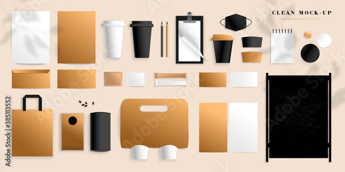 Branding Mockup set for Coffee shop, Cafe, restaurant. Corporate identity mockup. Coffee food package with plants shadow 