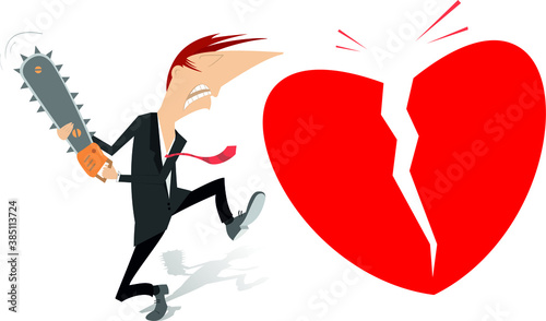 Man, chainsaw, broken heart symbol illustration. Angry man holds a chainsaw and cuts a big heart symbol isolated on white
