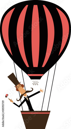 Cartoon man with cigar flies on the air balloon illustration. Funny long mustache man in the top hat flies on the air balloon and smokes cigar isolated on white
