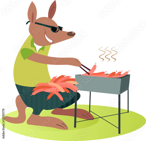 Cartoon kangaroo fries sausages on the grill illustration. Funny kangaroo in sunglasses with a lot of sausages in the marsupium fries them on the grill on the lawn
