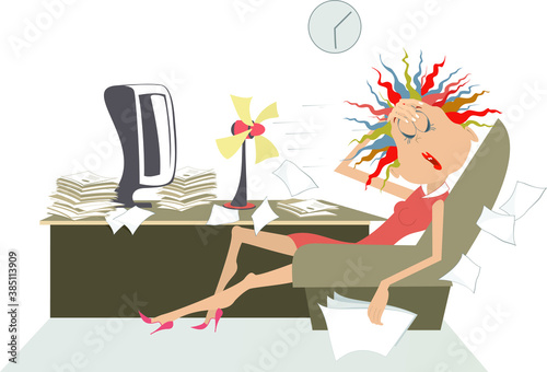 Tired business woman in the office illustration. Tired and pensive business woman sits in the armchair puts one hand on the head isolated on white
 photo