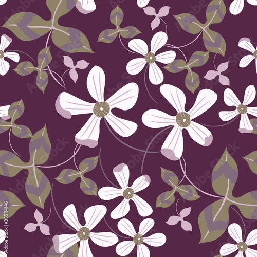 Floral seamless pattern. Simple vector texture with hand drawn flowers  leaves. Beautiful summer abstract background. Modern doodle style painting. White  green and burgundy color. Repeating design