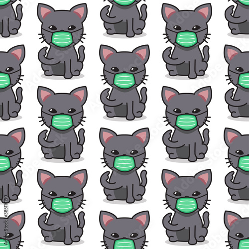 Cartoon character cat wearing protective face mask seamless pattern background for design.