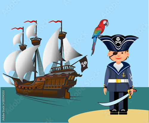 Sailing Pirate Ship with Sails and little pirate carnival. Graphic Vector Image