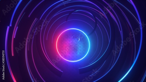 3d render, abstract futuristic neon background with round frame, ultraviolet glowing ring