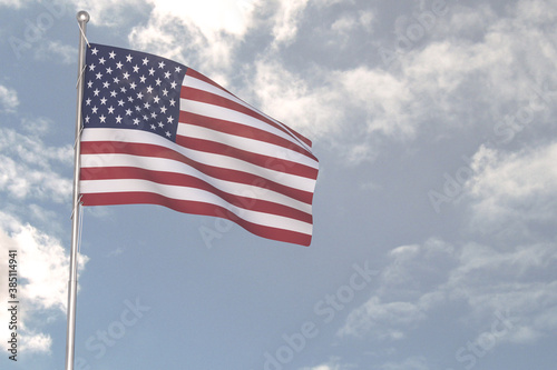 3d rendering of National Flag concept. Flag of the USA waving in wind. Blue cloudy sky on background. 
