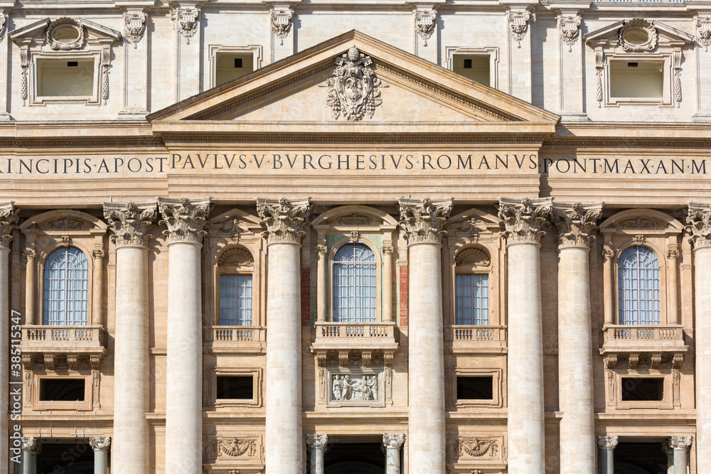 Facade of  Saint Peter's Basilica. Balcony called the The Blessing Lodge, Vatican, Rome, Italy