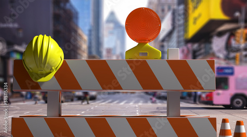 Photography Street construction barriers downtown, city center background